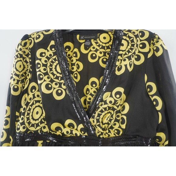 INC International Concepts Black Yellow 100% Silk Sequin V-Neck Blouse Size 8 - Picture 4 of 12